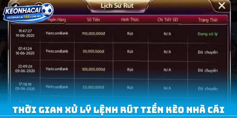 Thời gian xử lý lệnh rút tiền kèo nhà cái